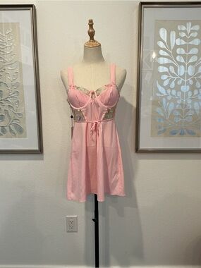#132 RARE SOLD OUT For Love And Lemons Pink Floral-Trim Babydoll Chemise